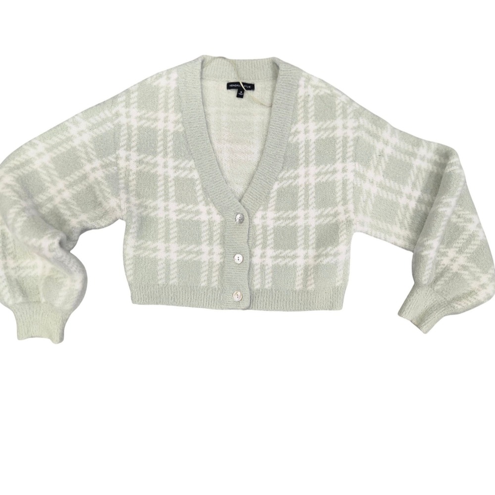 Kendall + Kylie Sage Green Plaid Cropped Cardigan Fuzzy Knit Sweater Small